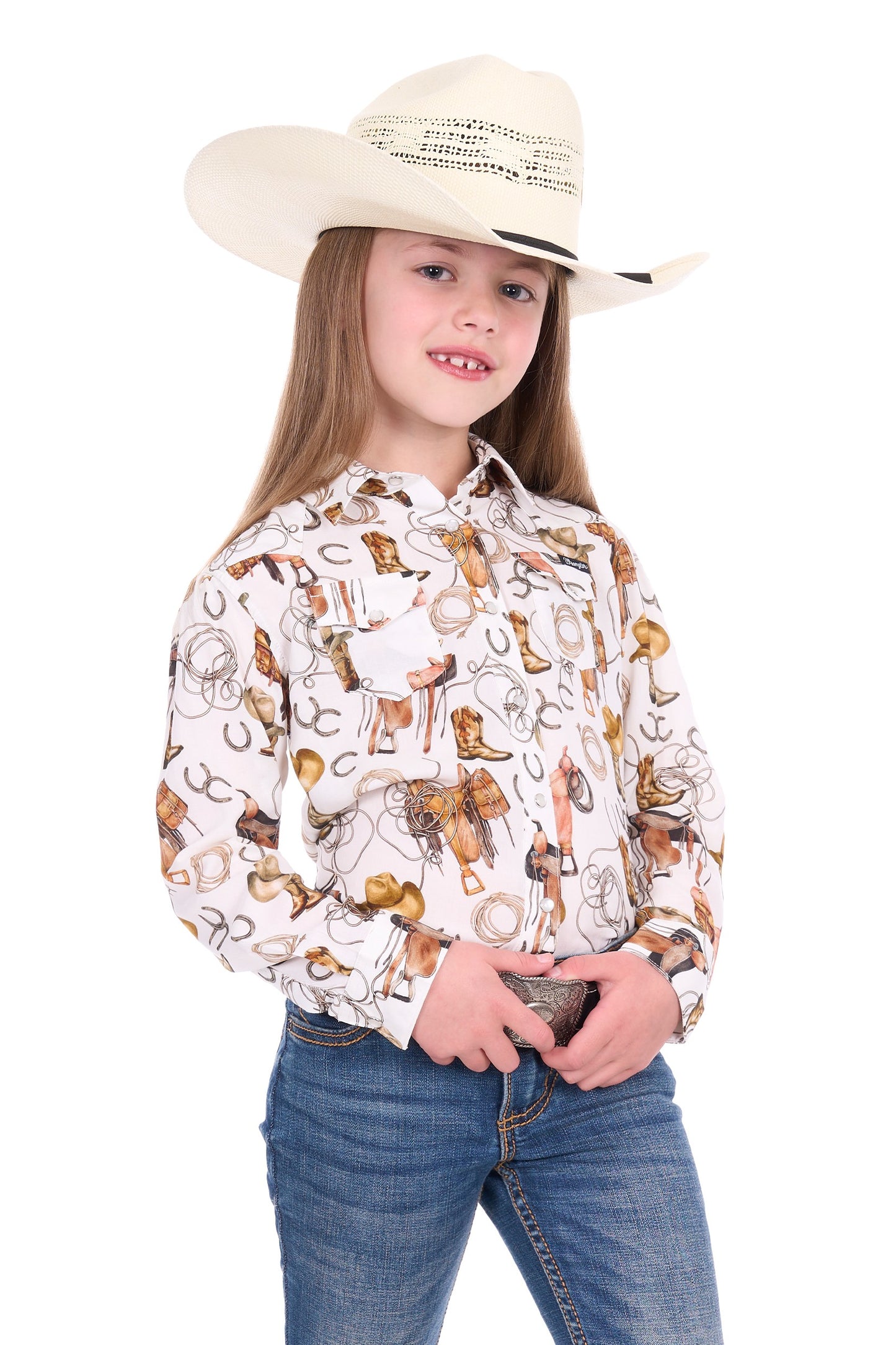 Wrangler Girl’s Marilyn Print Western Logo Long Sleeve Shirt