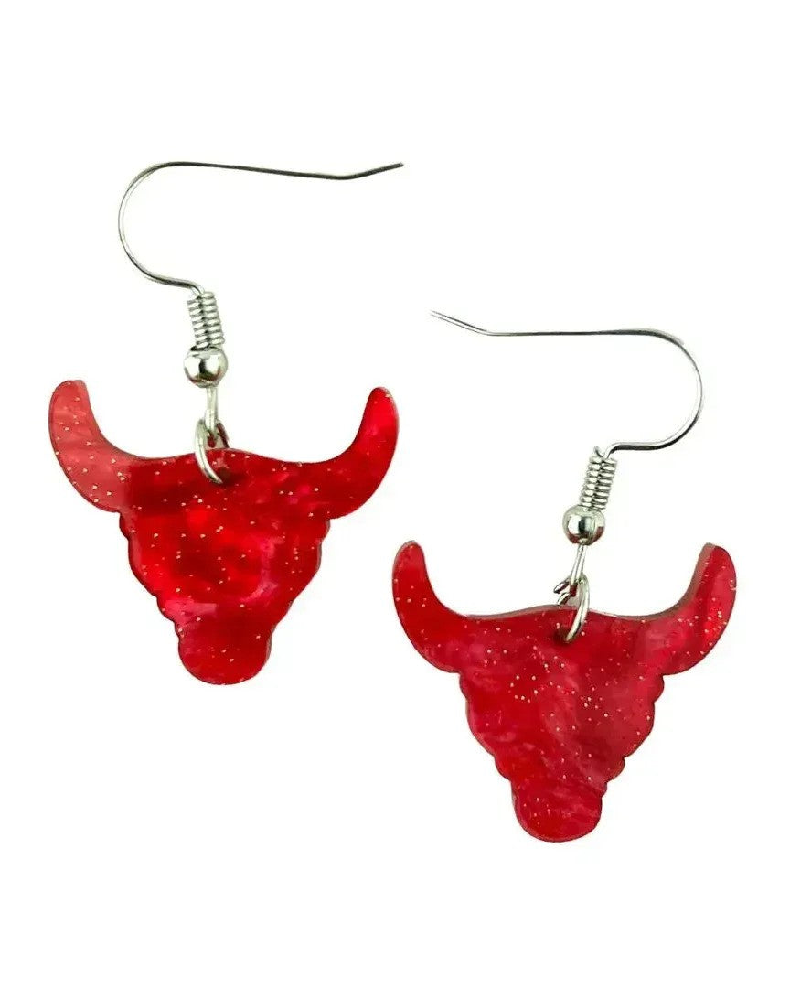 Sunbaked Lizard Red Glitter Bull Head Earrings