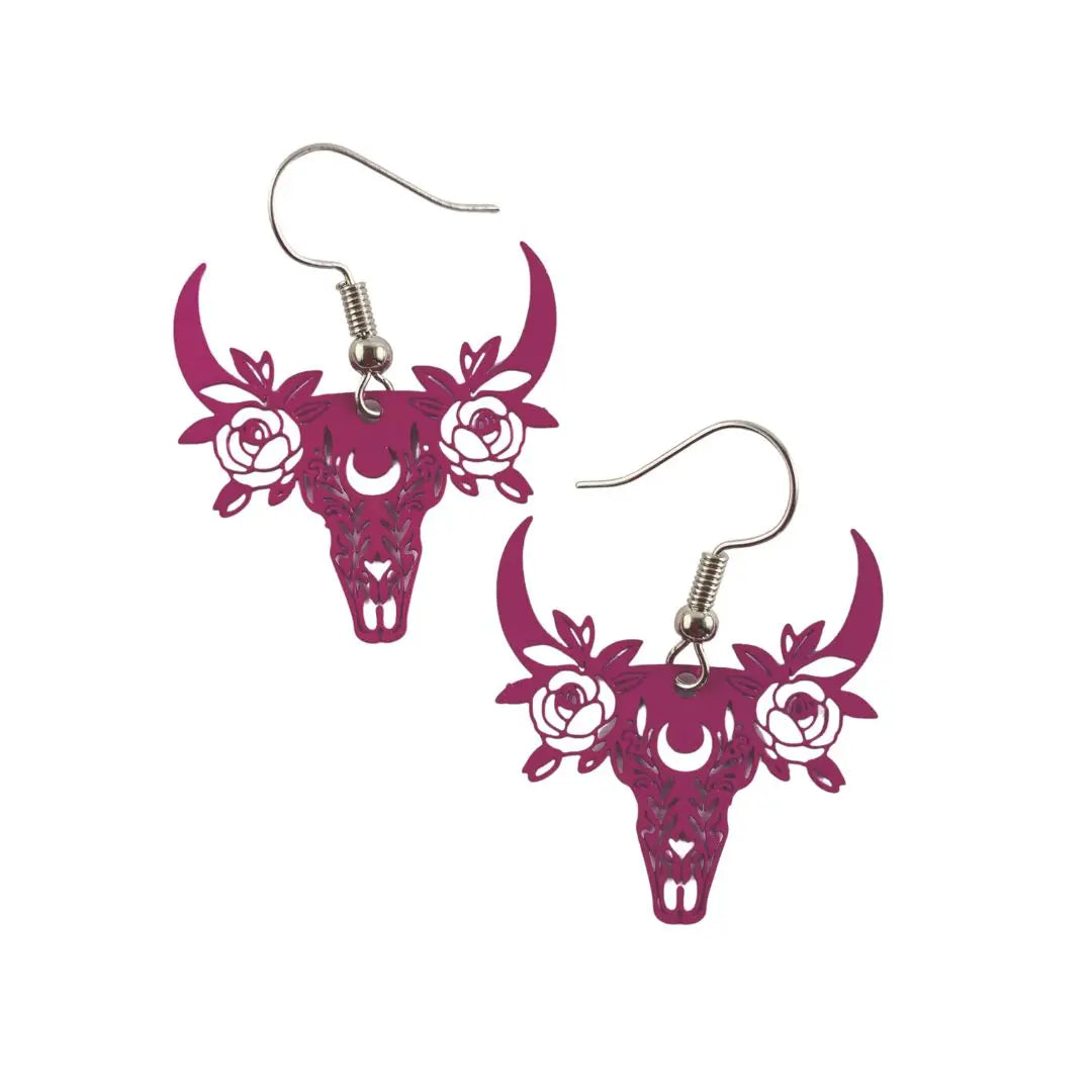 Sunbaked Lizard Floral Filigree Cow Skull Earrings