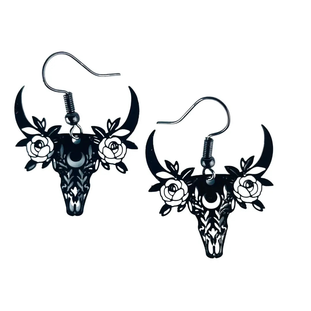 Sunbaked Lizard Floral Filigree Cow Skull Earrings