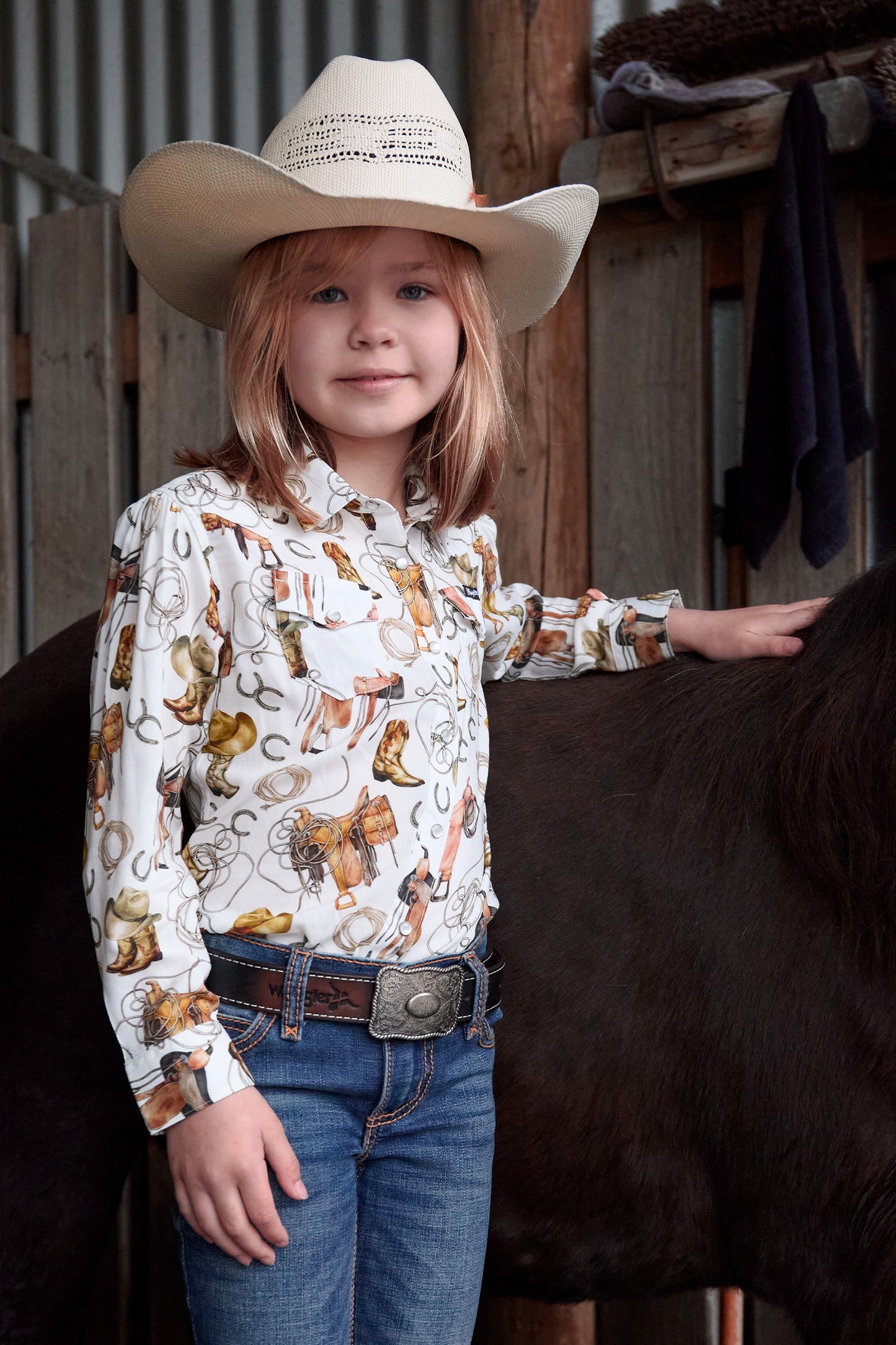 Wrangler Girl’s Marilyn Print Western Logo Long Sleeve Shirt